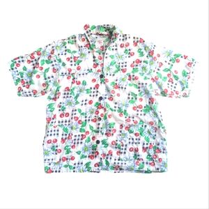 Vintage Fruit Button up Blouse Cotton Cherry Floral Village Fair Swim Cover